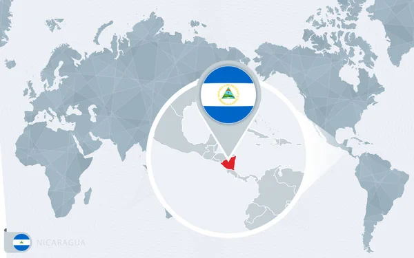 Pacific Centered Mappa Del Mondo Con Nicaragua Ingrandito Bandiera Mappa — Vettoriale Stock