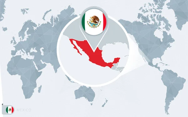 Pacific Centered World Map Magnified México Inglés Bandera Mapa México — Archivo Imágenes Vectoriales
