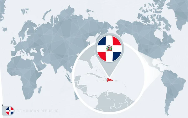 Pacific Centered Wereld Kaart Met Vergrote Dominicaanse Republiek Vlag Plattegrond — Stockvector