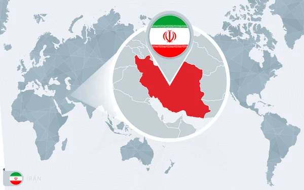 Carte Monde Centrée Sur Pacifique Avec Iran Magnifié Drapeau Carte — Image vectorielle