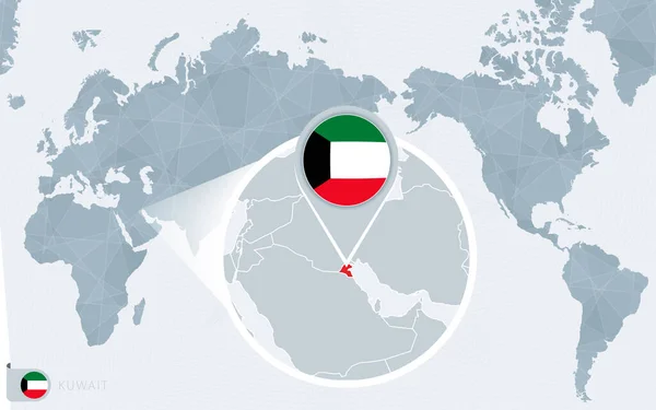 Pacific Centered Världskarta Med Förstorat Kuwait Flagga Och Karta Över — Stock vektor