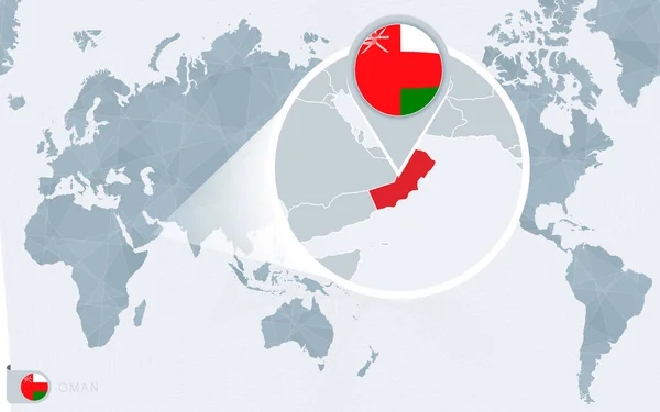 Pacific Centered World Map Magnified Oman Прапор Карта Оману — стоковий вектор