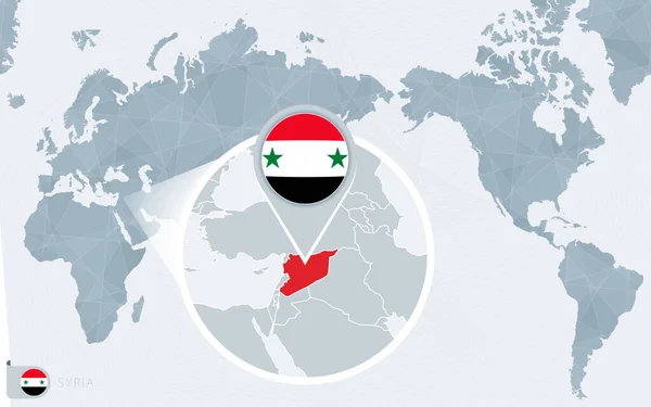 Pacific Centered World Map Magnified Syria Inglés Bandera Mapa Siria — Vector de stock