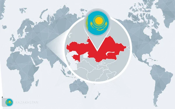 Büyütülmüş Kazakistan Ile Pasifik Merkezli Dünya Haritası Kazakistan Bayrağı Haritası — Stok Vektör