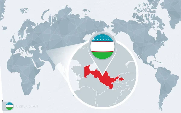 Pacífico Mapa Mundo Centrado Com Uzbequistão Ampliado Bandeira Mapa Uzbequistão — Vetor de Stock