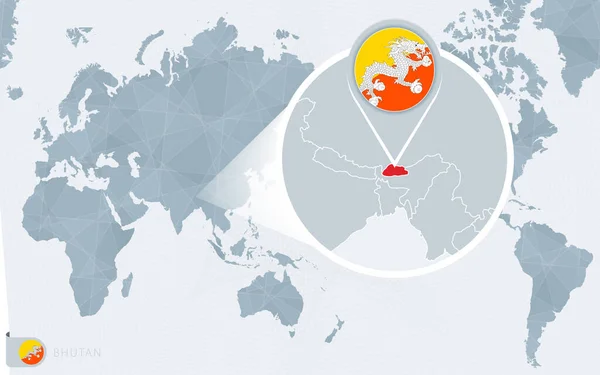 Pacific Centered Mapa Del Mundo Con Bután Magnificado Bandera Mapa — Vector de stock