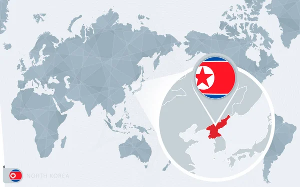 Pacific Centered Mappa Del Mondo Con Ingrandita Corea Del Nord — Vettoriale Stock