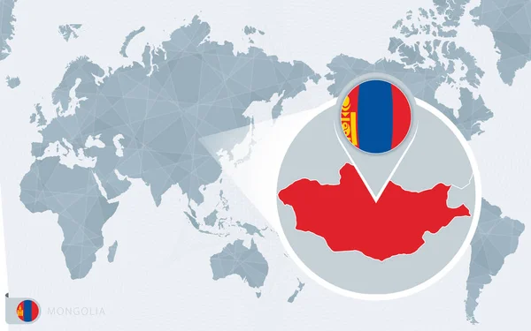 Pacific Centered Wereld Kaart Met Vergroot Mongolië Vlag Kaart Van — Stockvector