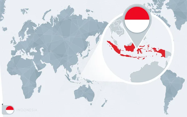 Pacific Centered Mapa Del Mundo Con Indonesia Magnificada Bandera Mapa — Vector de stock