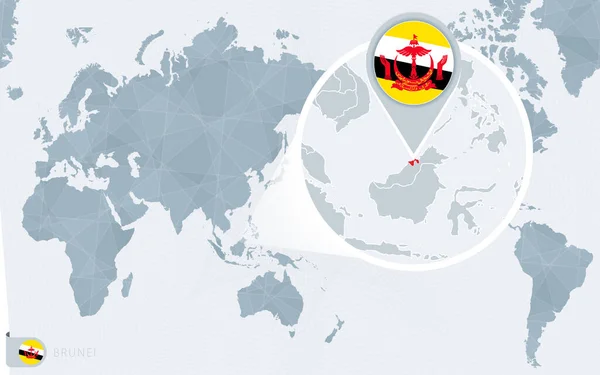Pacific Centered Carte Monde Avec Brunei Magnifié Drapeau Carte Brunei — Image vectorielle