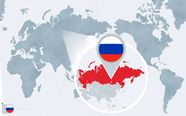 Pacific Centered Mappa Mondiale Con Russia Ingrandita Bandiera Mappa Russia — Vettoriale Stock