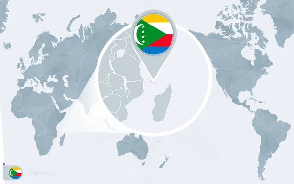 Pazifikzentrierte Weltkarte Mit Vergrößerten Komoren Flagge Und Landkarte Der Komoren — Stockvektor