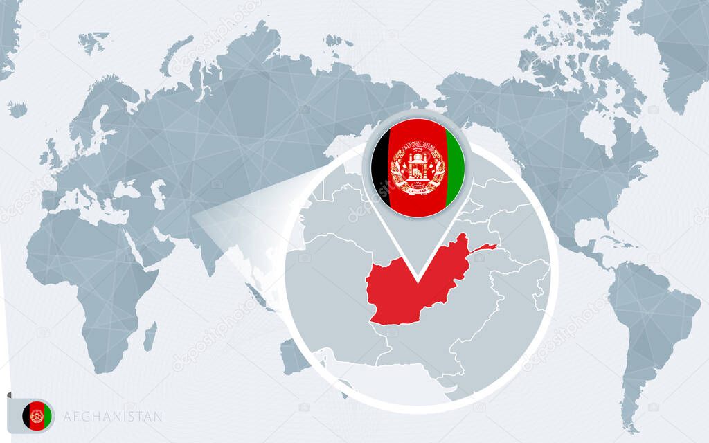 Pacific Centered World map with magnified Afghanistan (en inglés). Bandera y mapa de Afganistán