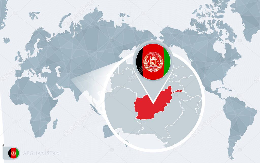 Pacific Centered World map with magnified Afghanistan. Flag and map of Afghanistan.