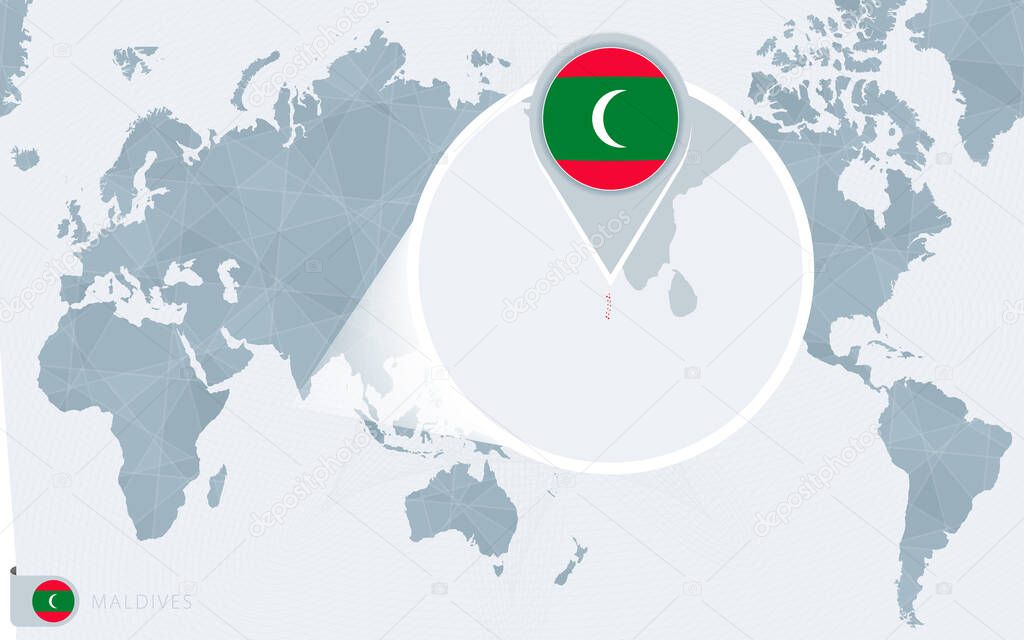 Pacific Centered World map with magnified Maldives. Flag and map of Maldives.