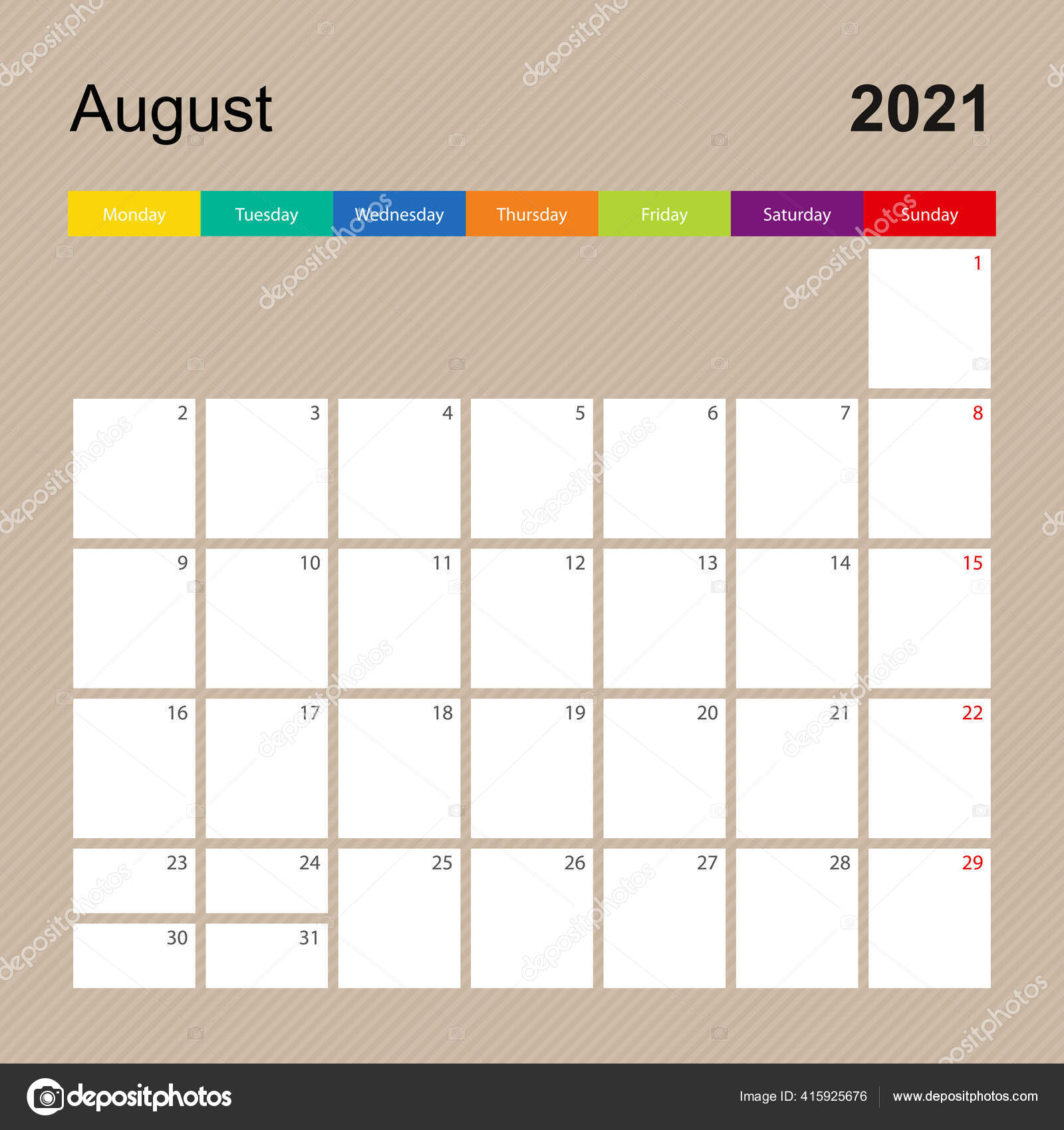 Pagina Calendario Para Agosto 2021 Planificador Paredes Con Diseno Colorido Imagen Vectorial De C Boldg 415925676 Depositphotos calanda calendario 2021