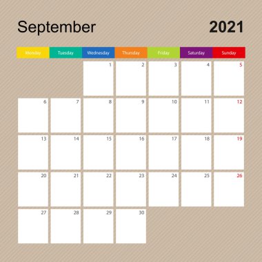 Eylül 2021 takvim sayfası, renkli tasarımlı duvar planlayıcısı. Hafta pazartesi başlıyor. Vektör takvim şablonu.