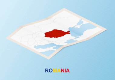 Romanya 'nın komşu ülkelerle izometrik tarzda katlanmış kağıt haritası.