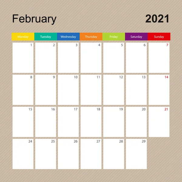 Kalenderblatt Für Februar 2021 Wandplaner Mit Buntem Design Die Woche — Stockvektor