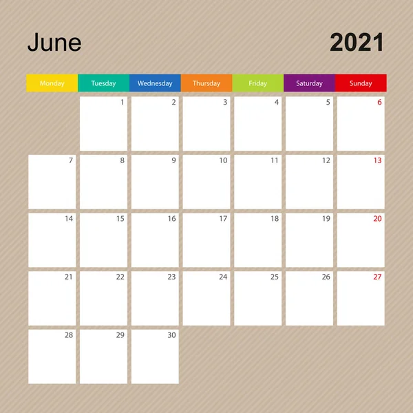 Kalenderblatt Für Juni 2021 Wandplaner Mit Buntem Design Die Woche — Stockvektor