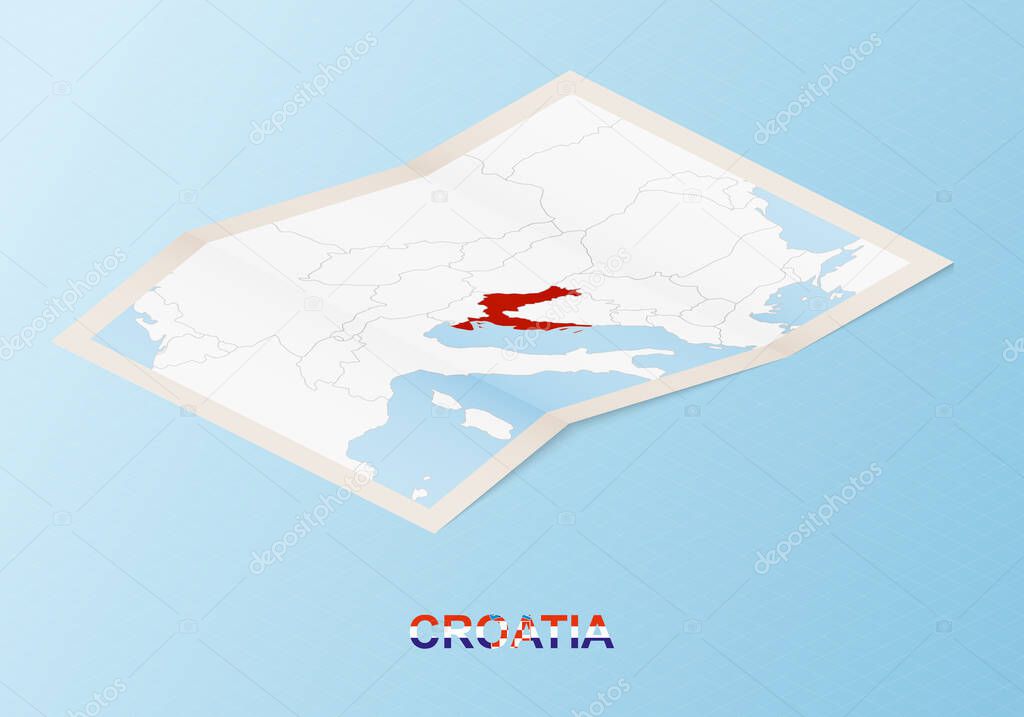 Folded paper map of Croatia with neighboring countries in isometric style.