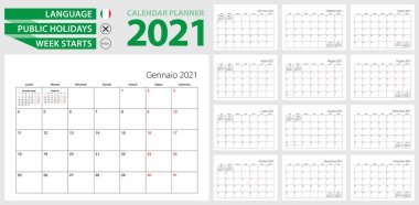 2021 için İtalyan takvim planlayıcısı. İtalyanca, hafta pazartesi başlıyor. İtalya, İsviçre, San Marino ve diğerleri için vektör takvimi şablonu.