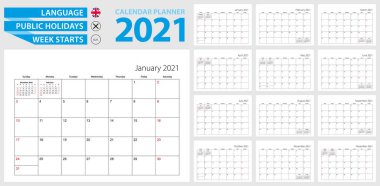 2021 için duvar takvimi planlayıcısı. İngilizce, hafta pazar günü başlıyor. Vektör şablonu.