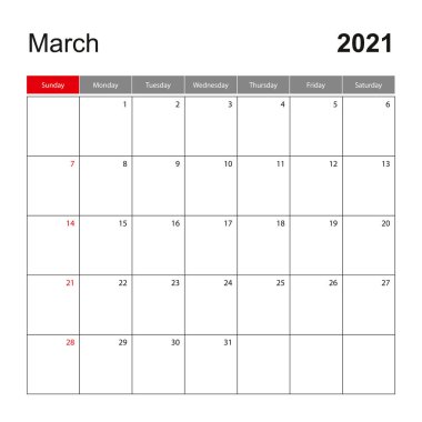 Mart 2021 için duvar takvimi şablonu. Tatil ve etkinlik planlayıcısı, hafta pazar günü başlıyor. Vektör şablonu.