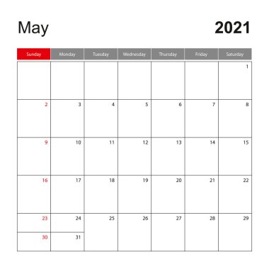 Mayıs 2021 için duvar takvimi şablonu. Tatil ve etkinlik planlayıcısı, hafta pazar günü başlıyor. Vektör şablonu.