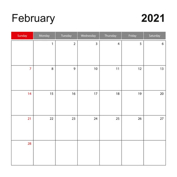 Şubat 2021 Için Duvar Takvimi Şablonu Tatil Etkinlik Planlayıcısı Hafta — Stok Vektör