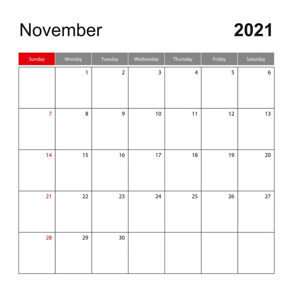 2021年11月のウォールカレンダーテンプレート 休日やイベントプランナー 週は日曜日に始まります ベクトルテンプレート — ストックベクタ