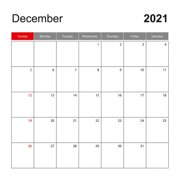 Wall Calendar Template December 2021 Holiday Event Planner Week Starts — Stock Vector