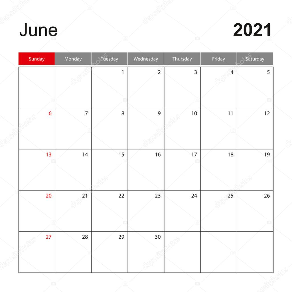 Wall calendar template for June 2021. Holiday and event planner, week starts on Sunday. Vector template.
