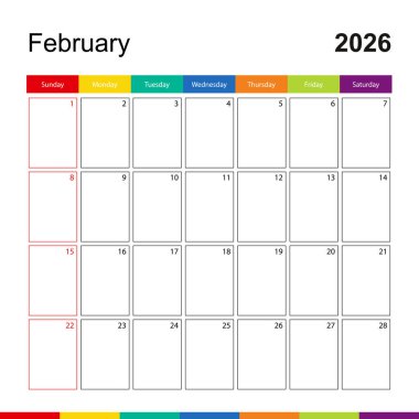 Şubat 2026 Renkli Duvar Takvimi, Hafta Pazar günü başlıyor.