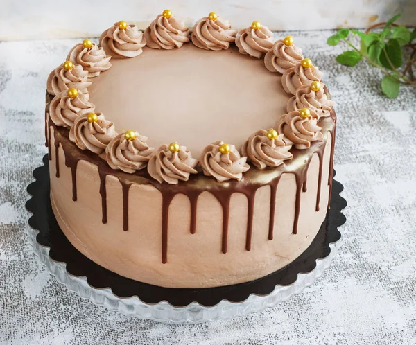 Çikolatalı kek Fudge ile Drizzled buzlanma ve bukleler — Stok fotoğraf