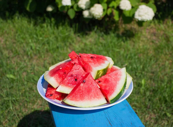 Fatias de melancia madura em uma placa no jardim — Fotografia de Stock