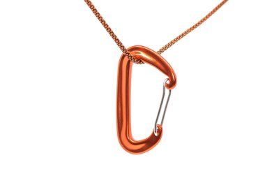 Beyaz bir arka plan üzerinde bir dantel üzerinde asılı karabina izole.