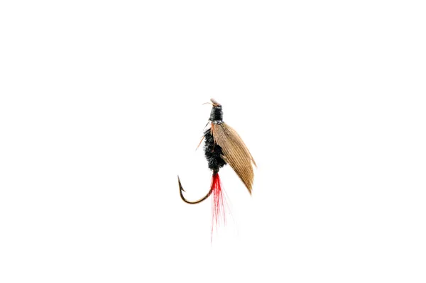 Nahaufnahme Einer Bunten Fischerfliege Auf Weißem Hintergrund — Stockfoto