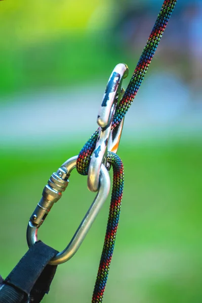 Climbing Sports Image Carabiner Rope Close — Stock Photo, Image