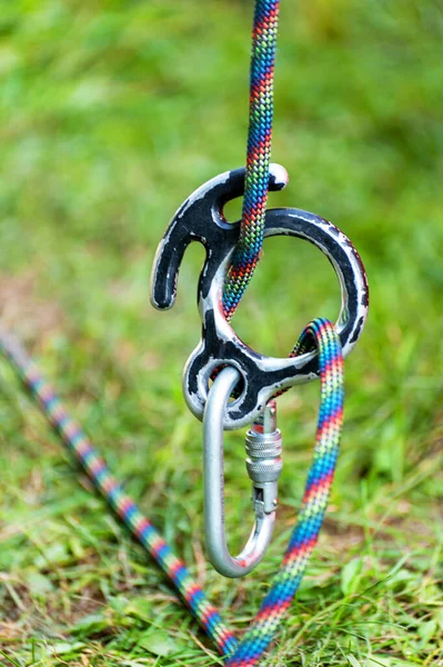 Climbing Sports Image Carabiner Rope Close — Stock Photo, Image