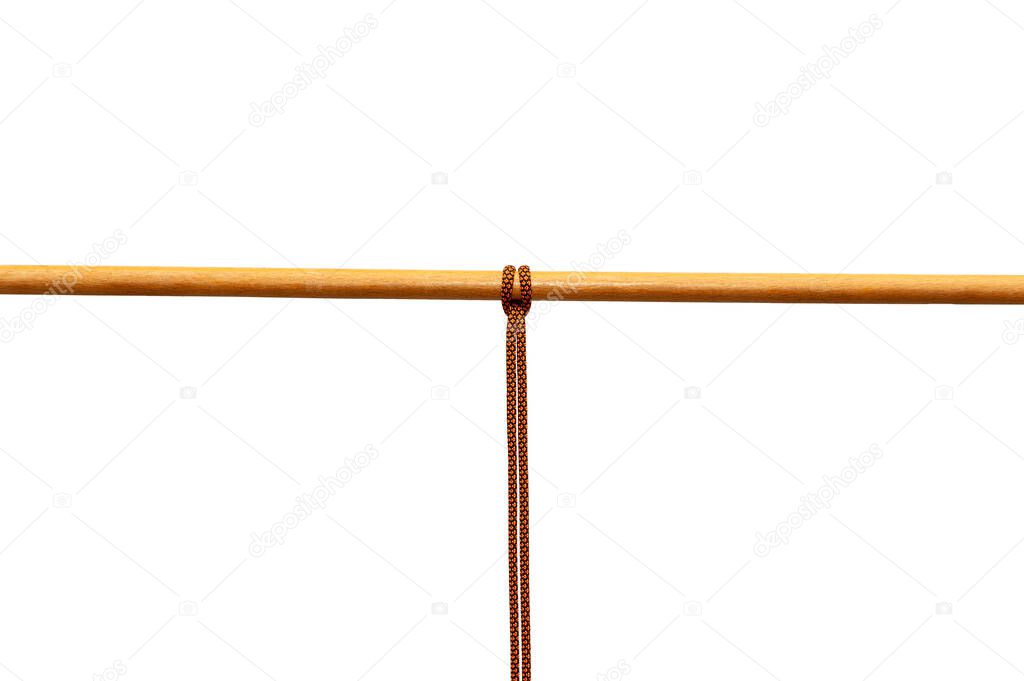 Rope tied around a wooden log isolated on white background