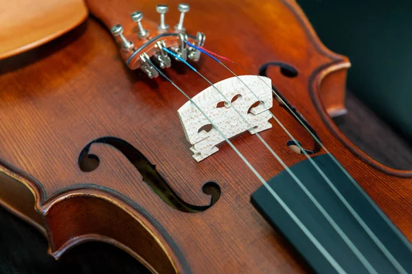 Скрипковий Музичний Інструмент Крупним Планом Ізольовано Чорному — стокове фото