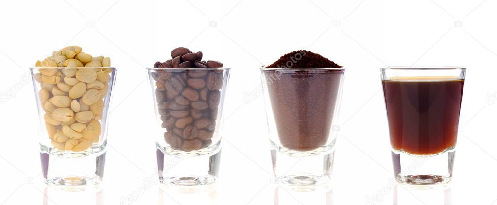 Coffee process collection (Raw , roasted , powder and coffee in glass) on white background.