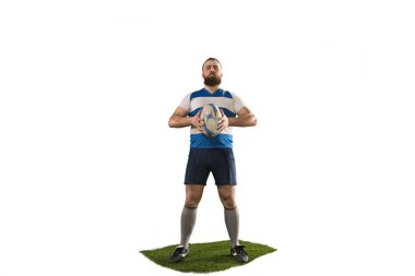 Beyaz arka plan üzerinde izole bir beyaz rugby erkek oyuncusu silüeti