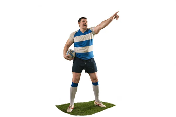 A silhueta de um jogador homem de rugby caucasiano isolado no fundo branco — Fotografia de Stock