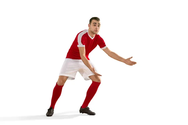 Professionele voetbal voetbal speler geïsoleerd witte achtergrond — Stockfoto