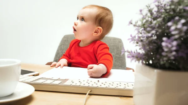 Щаслива Дівчинка Яка Сидить Клавіатурою Сучасного Комп Ютера Або Ноутбука — стокове фото