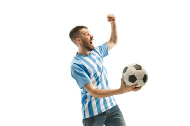 Beyaz arka plan üzerinde kutluyor Arjantinli futbol fan