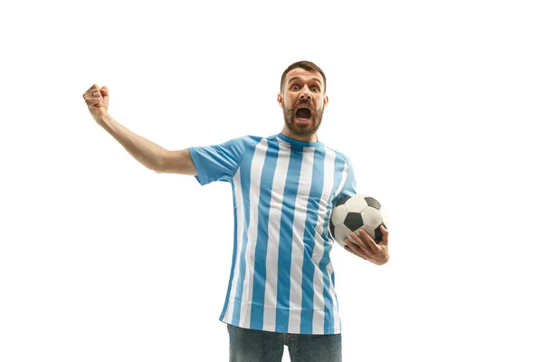 O torcedor de futebol argentino que celebra no fundo branco — Fotografia de Stock