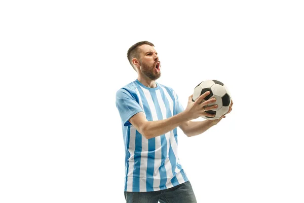 Az argentin foci rajongó ünnepli a fehér háttér — Stock Fotó